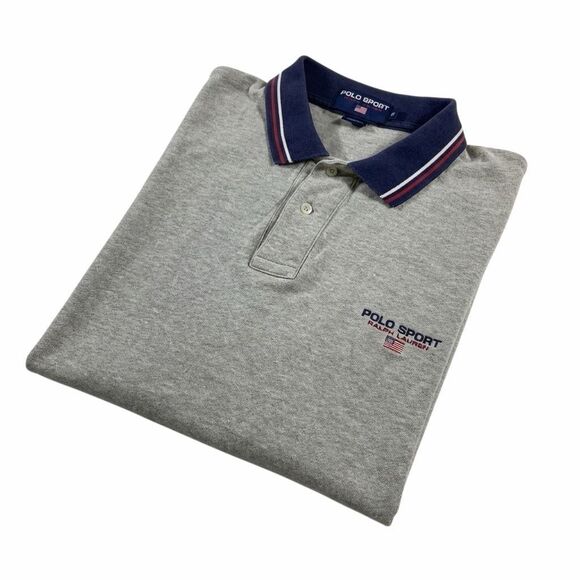 Vintage Polo Sport Ralph Lauren Polo Shirt Men XL Grey Spellout Flag 90s Cotton - Picture 2 of 6